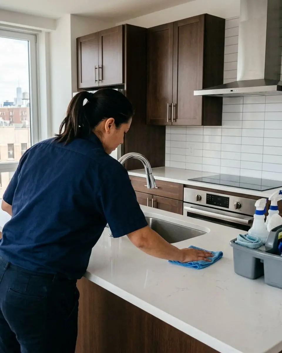 Cleaner wiping down a kitchen counter in a vacant apartment