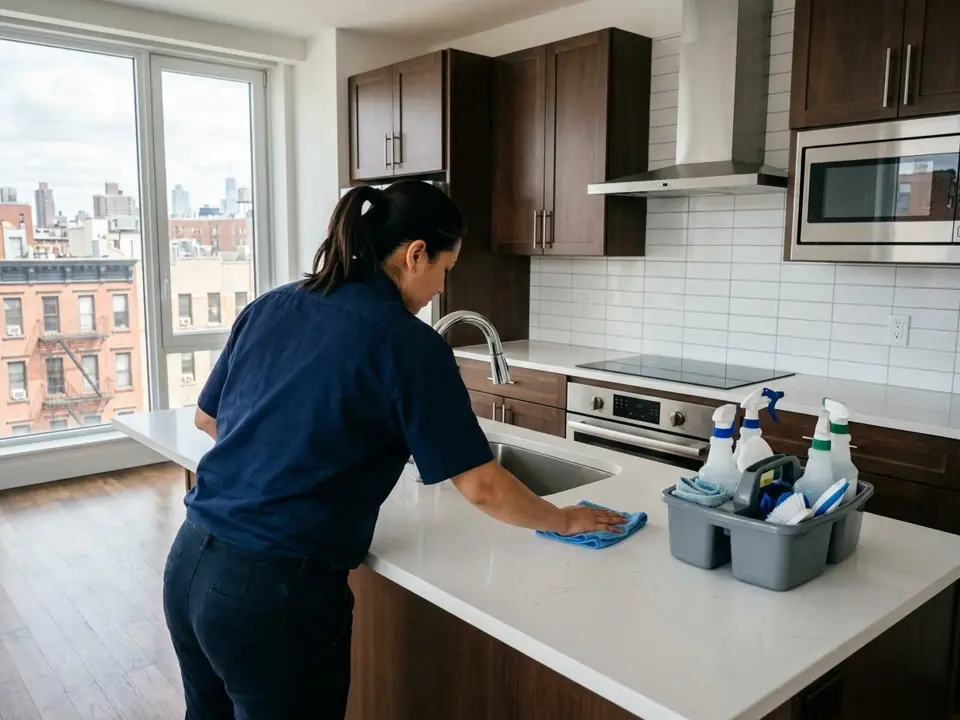 Cleaner wiping down a kitchen counter in a vacant New York City apartment