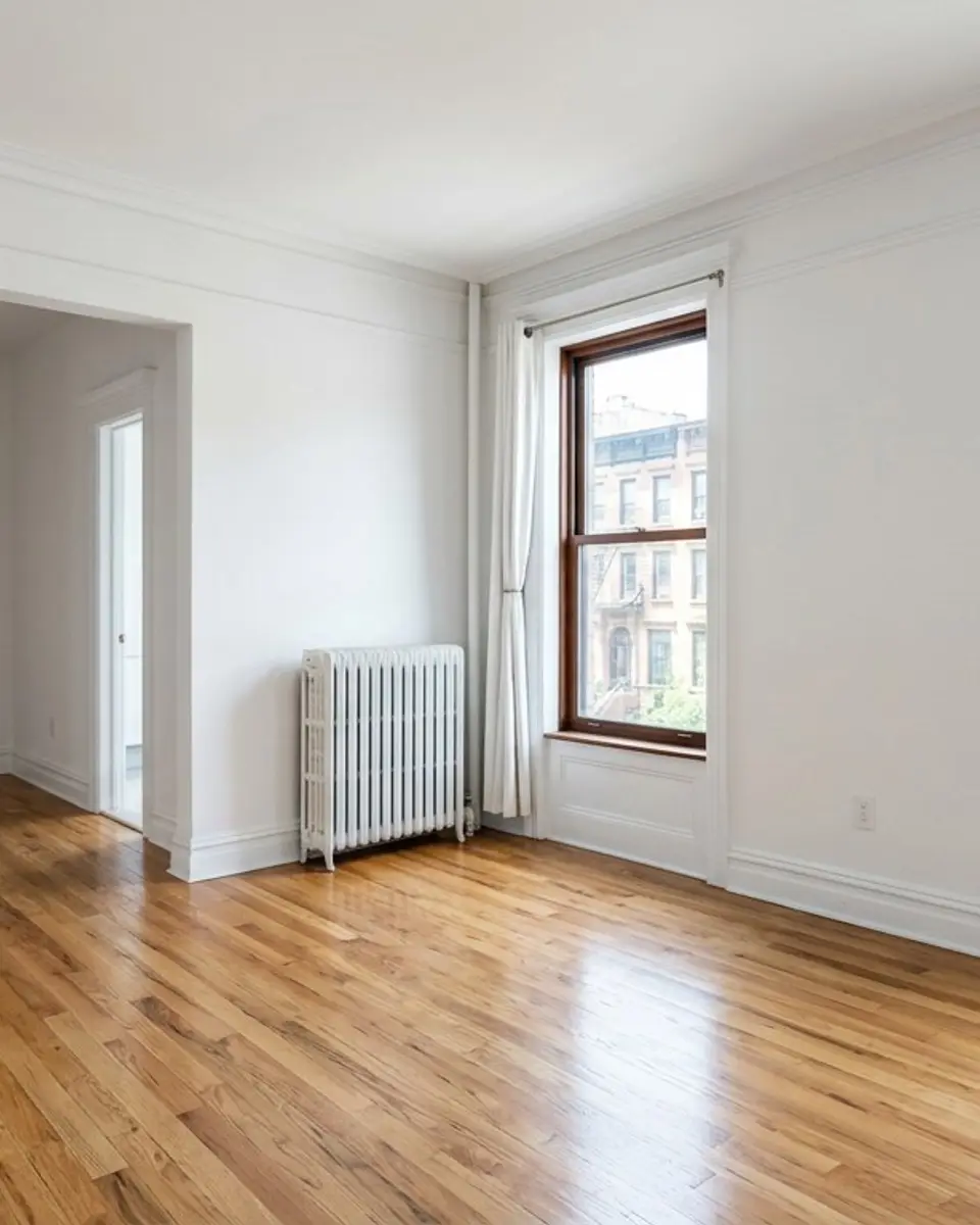Empty freshly painted NYC prewar apartment with refinished hardwood floors and tall windows facing brownstones
