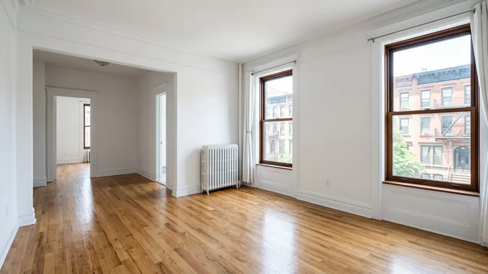 Empty prewar apartment living room with white walls and hardwood floors