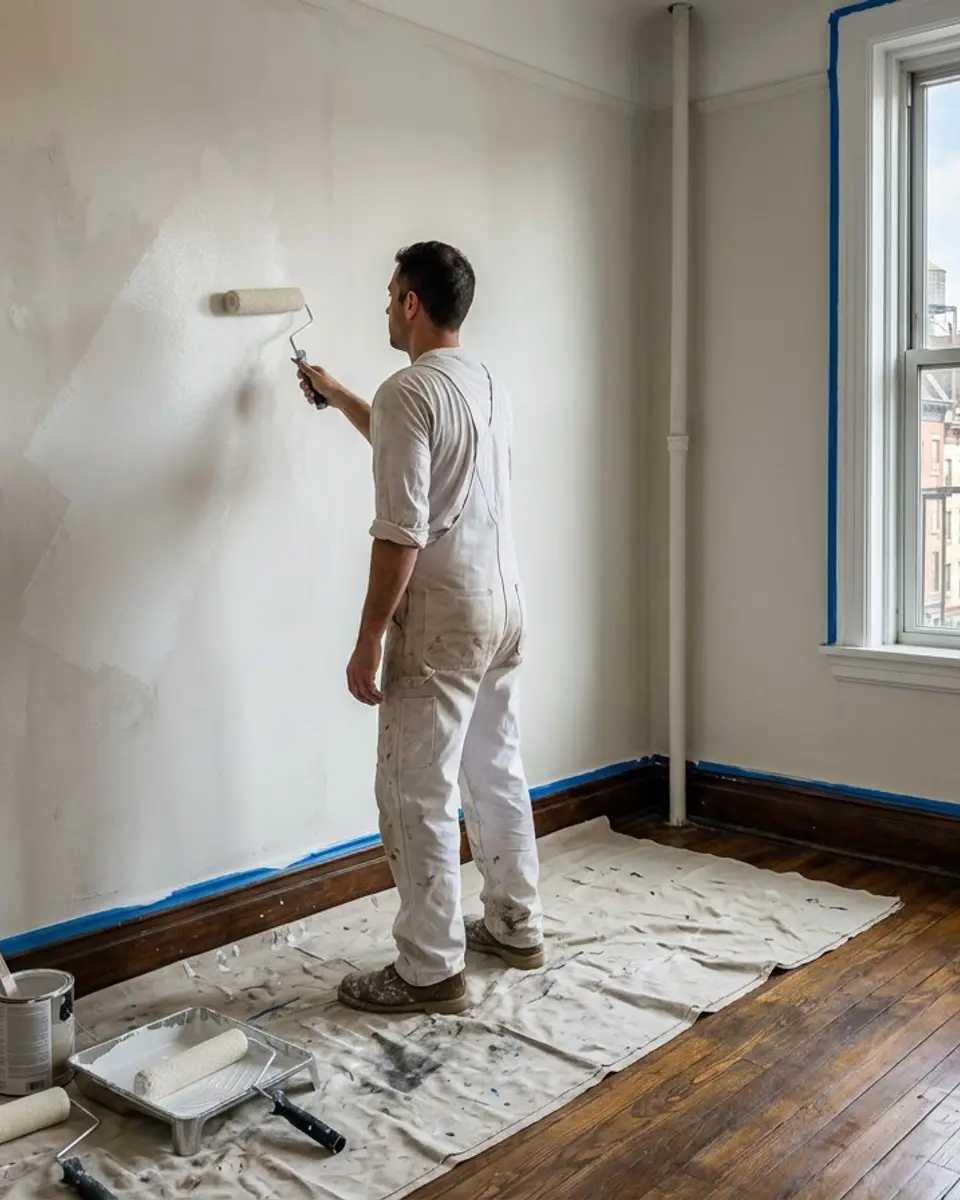 Painter rolling white paint on a wall in an empty apartment bedroom