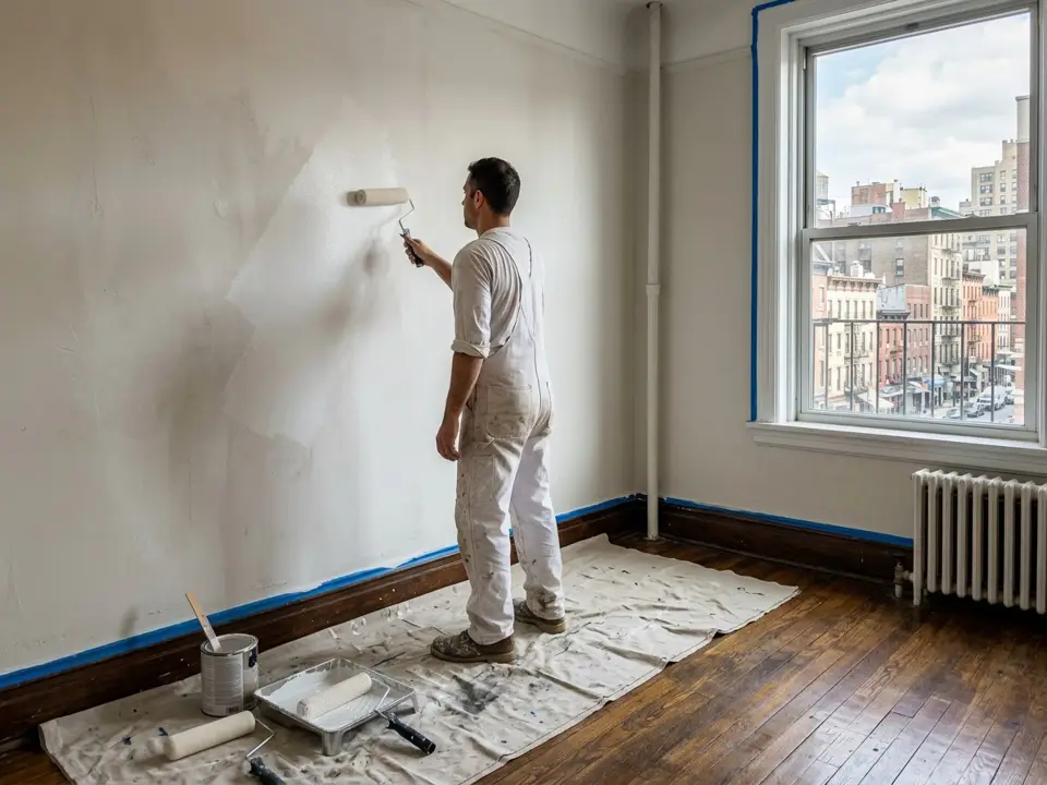 Painter rolling fresh white paint onto a wall in an empty apartment bedroom