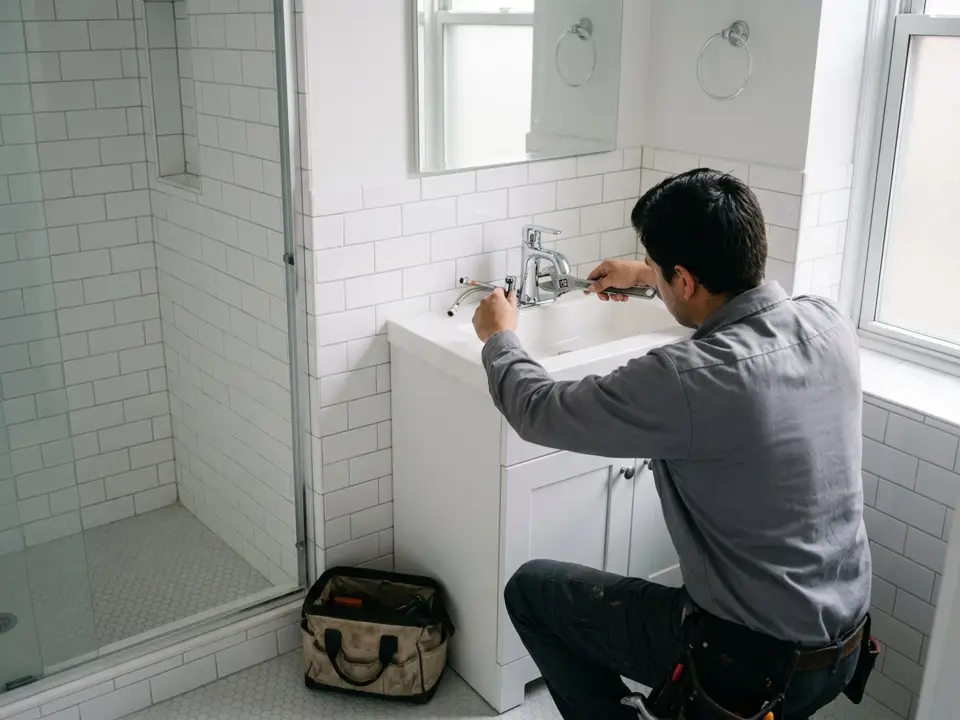 Technician installing a new faucet on a bathroom vanity in a vacant apartment