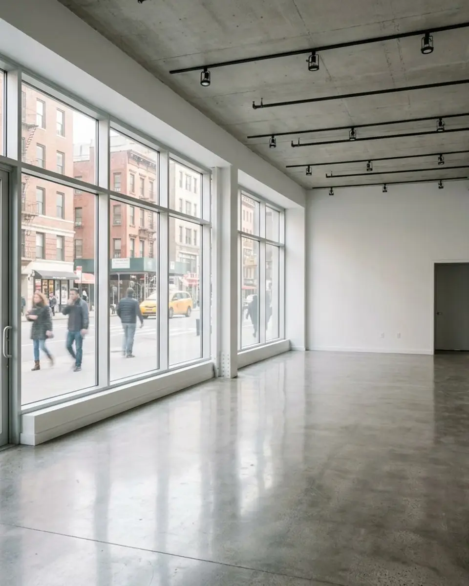 Empty ground-floor retail space with fresh white walls and clean storefront windows