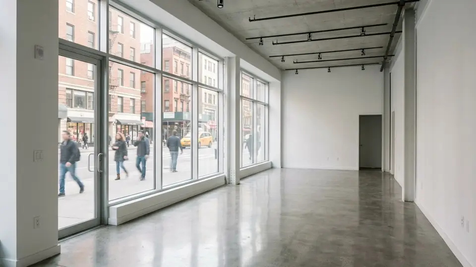 Vacant storefront with clean windows and a polished concrete floor