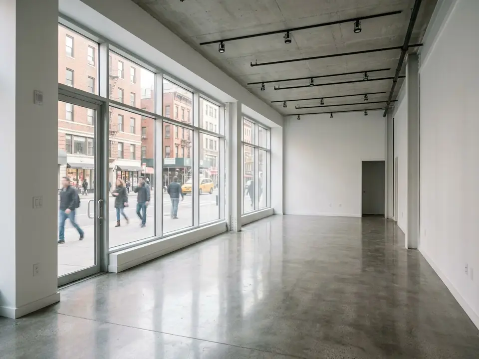 Empty ground floor retail space with fresh white walls and clean storefront windows