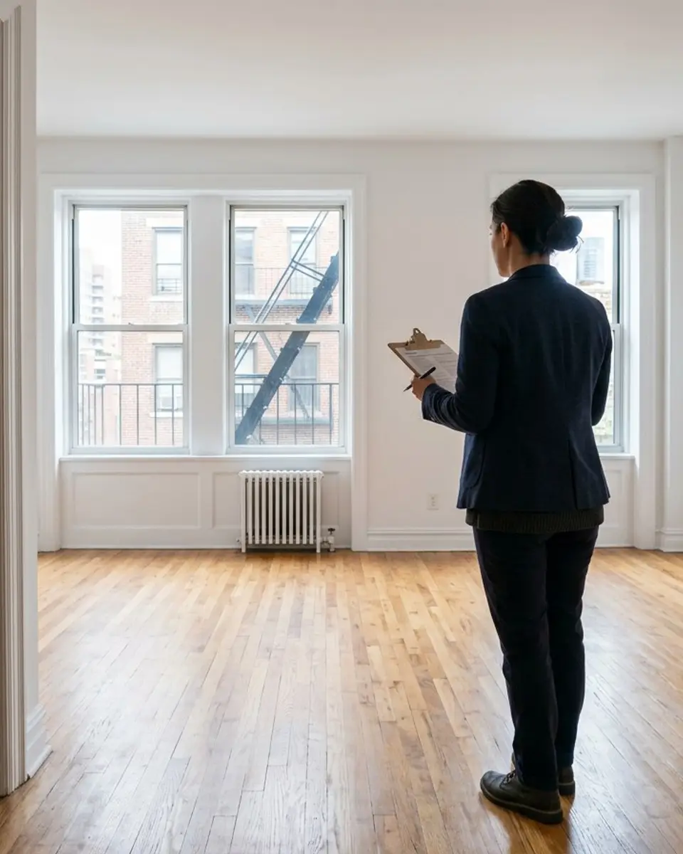 Property manager reviewing a finished, empty apartment with a clipboard