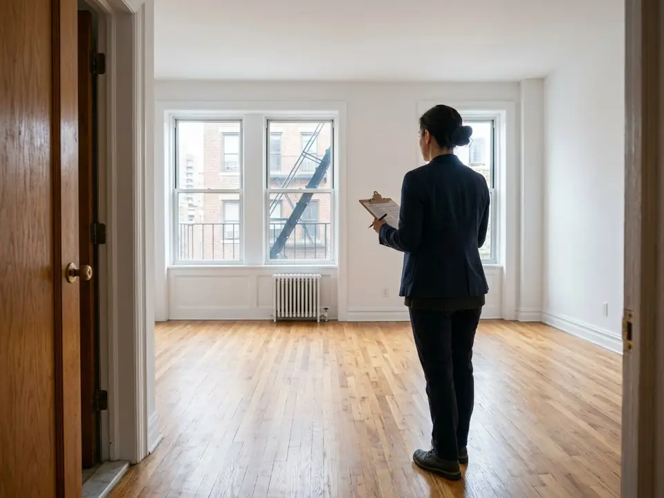Property manager with a clipboard checking a freshly cleaned, empty apartment
